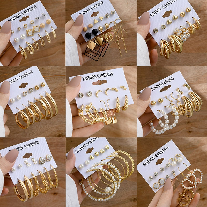 Vintage Gold Geometric Women&#39;s Earrings Set Fashion Pearl Circle Hoop Earrings For Women Brincos 2022 Trend Female Jewelry Gifts