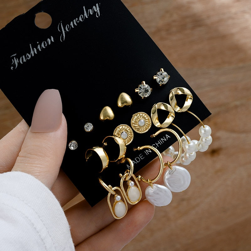 Vintage Gold Geometric Women&#39;s Earrings Set Fashion Pearl Circle Hoop Earrings For Women Brincos 2022 Trend Female Jewelry Gifts