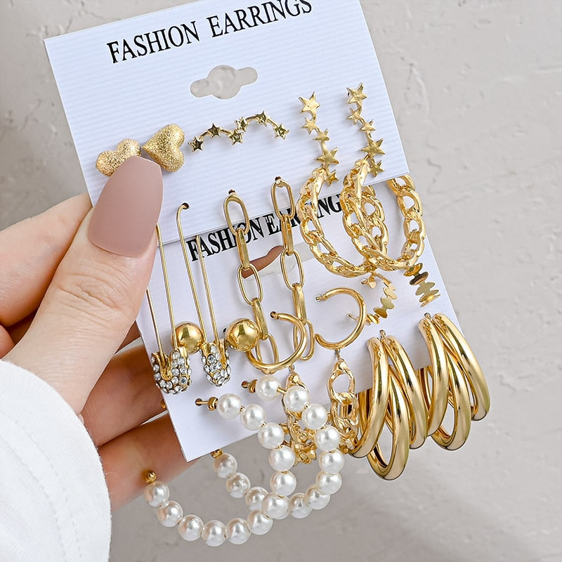 Vintage Gold Geometric Women&#39;s Earrings Set Fashion Pearl Circle Hoop Earrings For Women Brincos 2022 Trend Female Jewelry Gifts