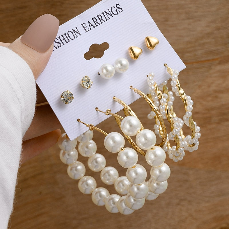 Vintage Gold Geometric Women&#39;s Earrings Set Fashion Pearl Circle Hoop Earrings For Women Brincos 2022 Trend Female Jewelry Gifts