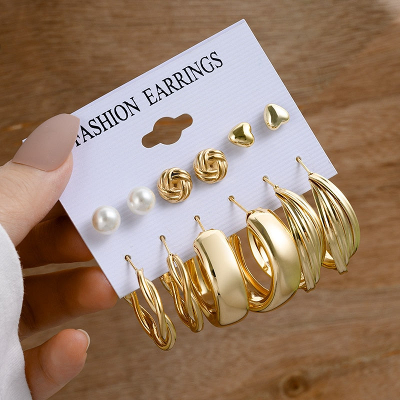 Vintage Gold Geometric Women&#39;s Earrings Set Fashion Pearl Circle Hoop Earrings For Women Brincos 2022 Trend Female Jewelry Gifts