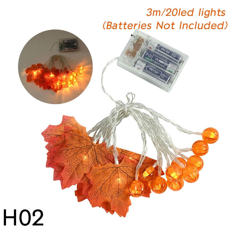 10/20Leds Pumpkin Maple Leaves Light String Fall Garland Battery Powered Indoor Outdoor Garden Halloween Thanksgiving Home Decor