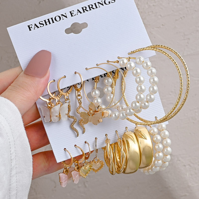 Vintage Gold Geometric Women&#39;s Earrings Set Fashion Pearl Circle Hoop Earrings For Women Brincos 2022 Trend Female Jewelry Gifts