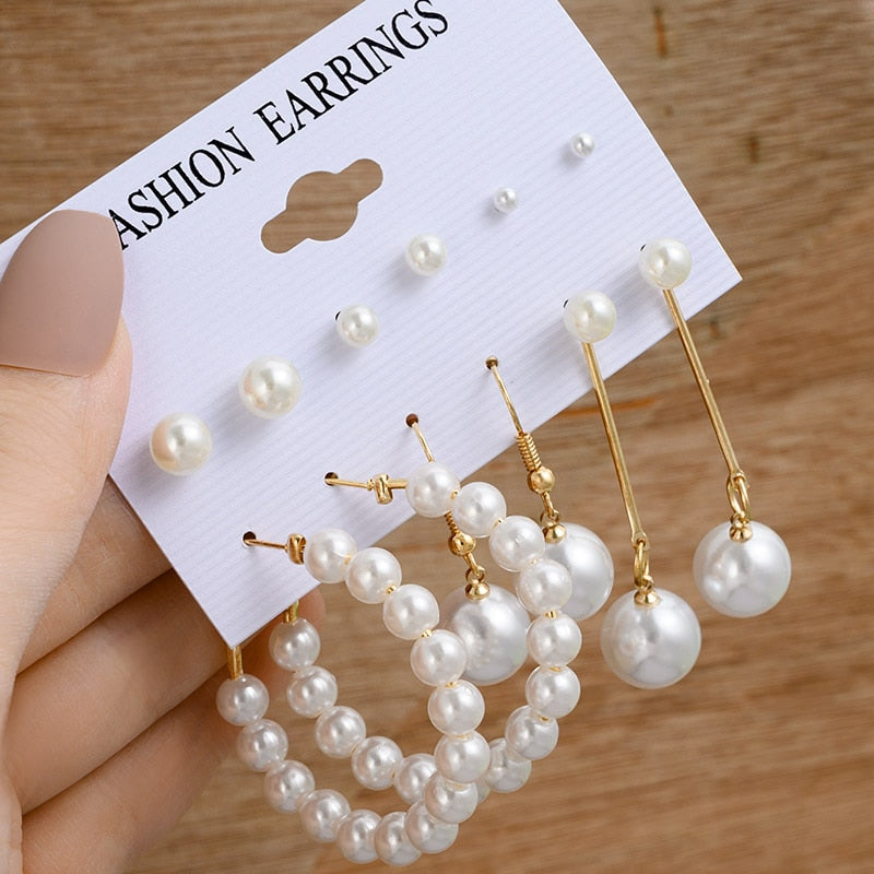 Vintage Gold Geometric Women&#39;s Earrings Set Fashion Pearl Circle Hoop Earrings For Women Brincos 2022 Trend Female Jewelry Gifts