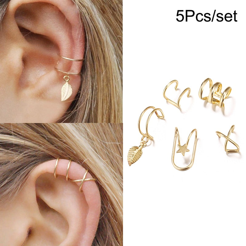 LATS Gold Color Leaves Ear Cuff Black Non-Piercing Ear Clip Earrings for Women Men Fake Cartilage Earring Cuff Jewelry Wholesale