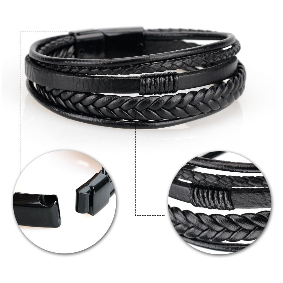 Trendy  Leather Bracelets Men Stainless Steel Multilayer Braided Rope Bracelets For Male Female Bracelets Jewelry Pulsera Hombre