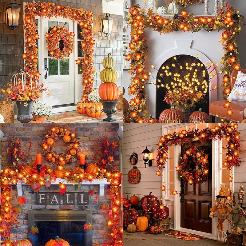 10/20Leds Pumpkin Maple Leaves Light String Fall Garland Battery Powered Indoor Outdoor Garden Halloween Thanksgiving Home Decor