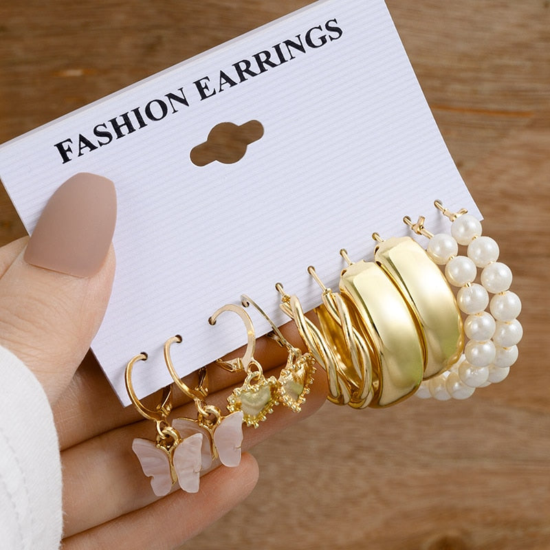 Vintage Gold Geometric Women&#39;s Earrings Set Fashion Pearl Circle Hoop Earrings For Women Brincos 2022 Trend Female Jewelry Gifts