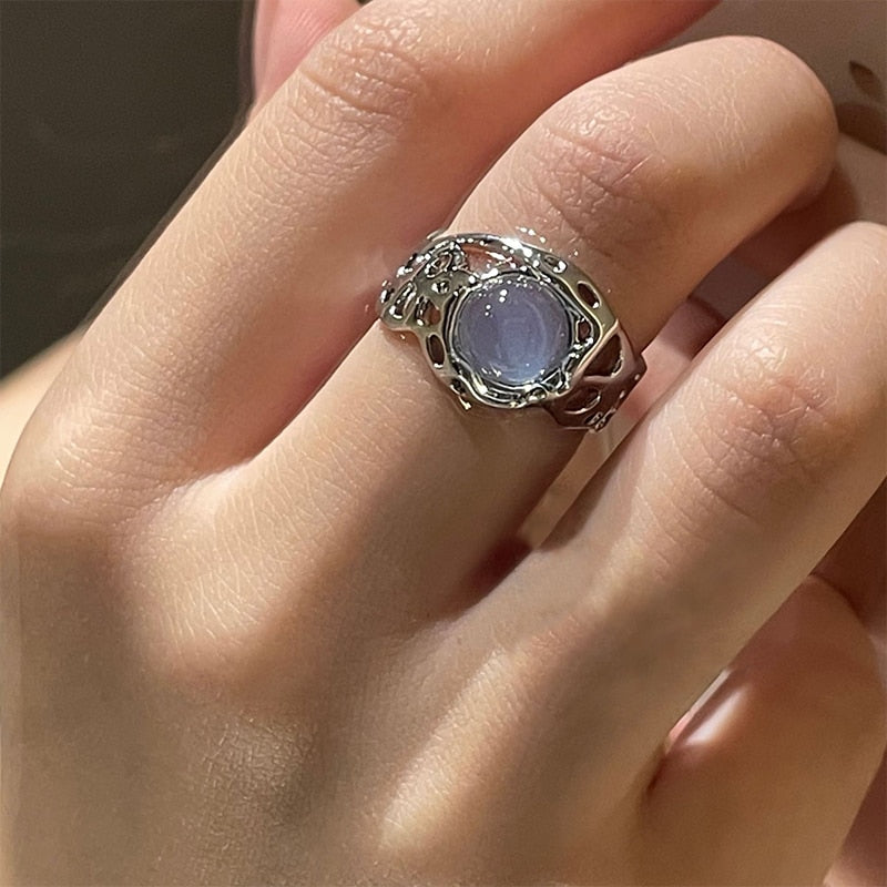 Opal Irregular Natural Stone Ring With White Opal Aesthetic Egirl Hollow Rings for Women Y2K Trendy Ring Creative Finger Jewelry