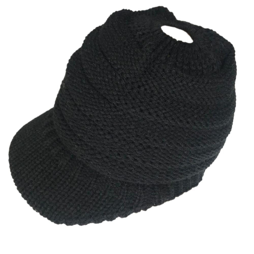 Ponytail Warm Knitted Beanie With Visor