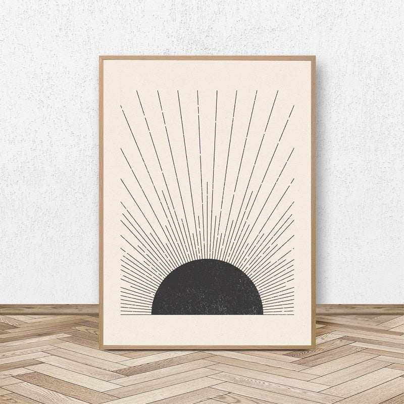 Sun Illustration Mid Century Modern Block Print Neutral Colors Style Poster Canvas Painting